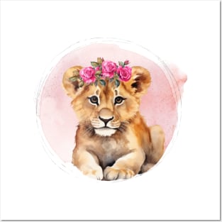 cute little lion cub with floral crown Posters and Art